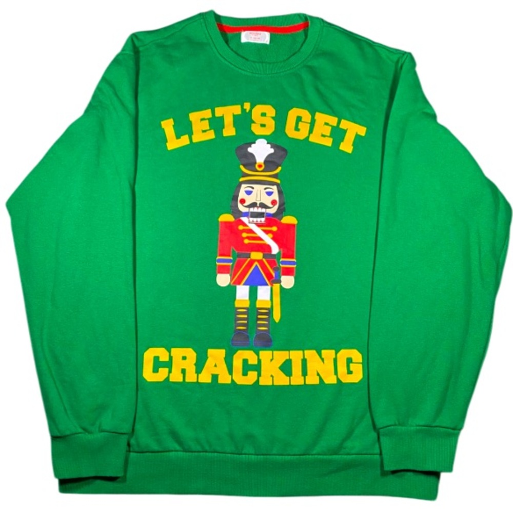 Christmas Sweatshirt Men’s XL Green Nut Cracker Lets Get Cracking Funny Crew LS